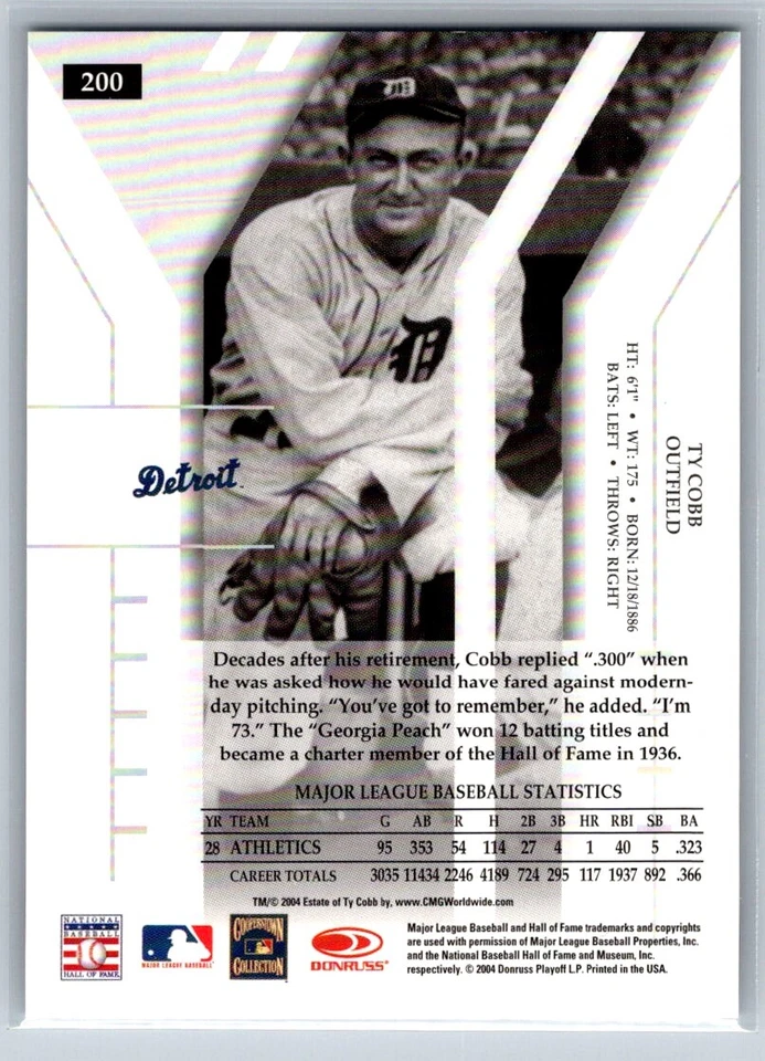 Donruss Elite #200 Ty Cobb SN #/1000 2004 Foto 2 de 2