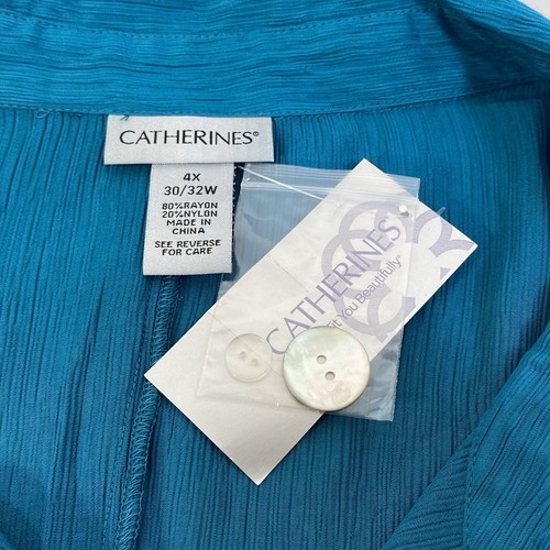 Catherines Teal Button Front Blouse 3/4 Sleeve Roll Tabs Plus Size 4X 30/32 NEW - Picture 12 of 16