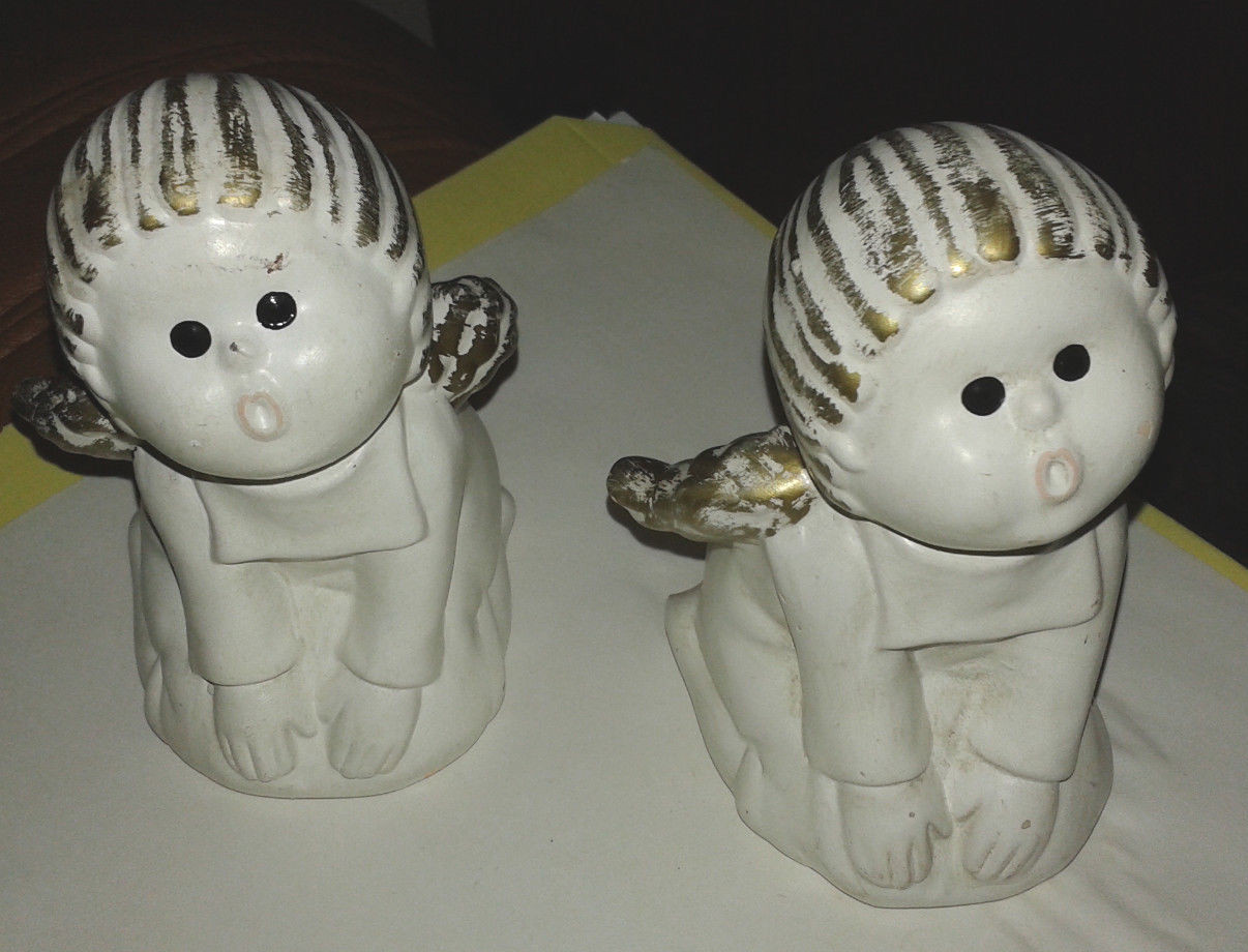 Lot De 2 Angelots / Chérubins En Céramique - Déco De Noël Vintage - Occasion (défauts)