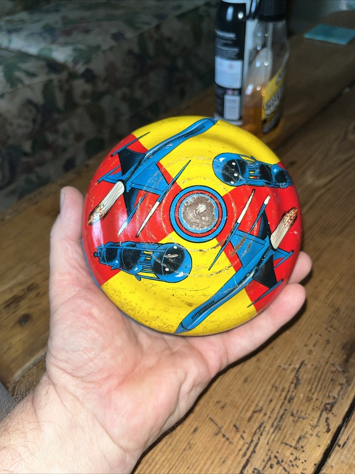 VINTAGE 1960's OHIO ART TIN 5" SPINNING TOP ASTRONAUTS, SPACE SHIPS TOY