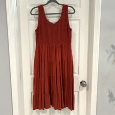 Anrabess Sleeveless Smocked Midi Orange Tiered Scoop Neck Tank Dress XL Pockets