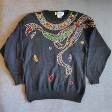 Vtg 80s Embellished Sweater Women M Black Multicolor Retro Party Glam Bow