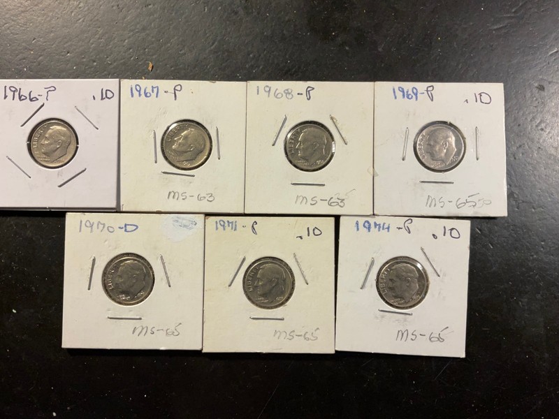 1966p,67p,68p,69p,70d,71p Roosevelt Uncirculated Dimes .10c