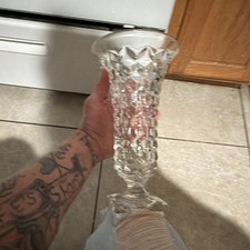 Unmarked Clear Pressed Glass Vase with Flared Rim and Square Base