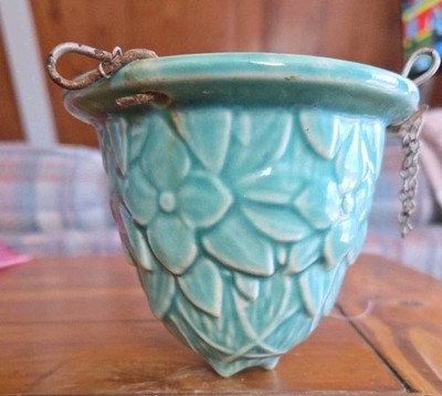 McCoy Hanging Planter Teal Green Tri-Chain Hangers Rare Pottery Mid-Century 