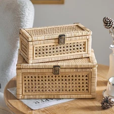 Rattan Box, Boho Decorative Boxes with Lids, Set of 2 Rectangular Wicker Stor...