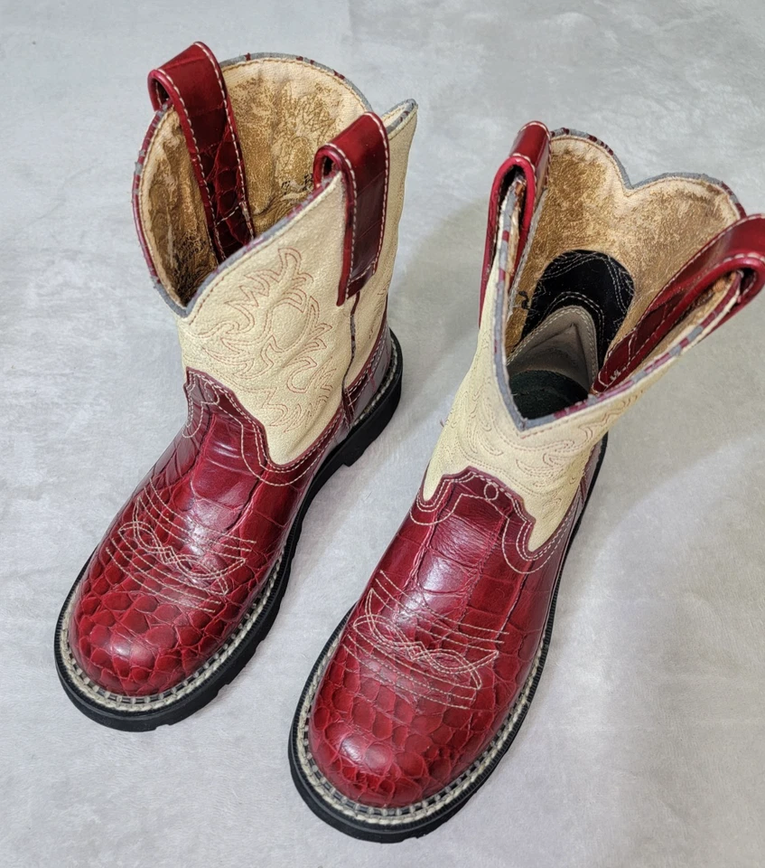 Botas femininas Ariat Fatbaby 7B crocodilo vermelho em relevo camurça marfim rodeio de vaqueira ocidental - Imagem 3 de 4