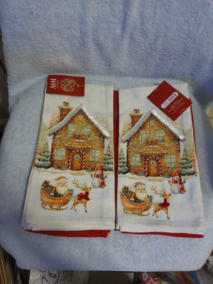 2 Sets Of Kitchen Towels 2 Santa House Scene & 2 Solid Red Towels