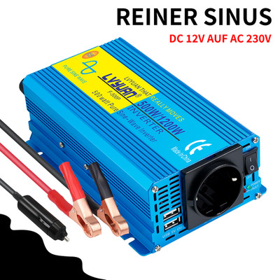 500W 1200W Reiner Sinus Wechselrichter,DC 12V auf AC 230V Spannungswandler 2USB