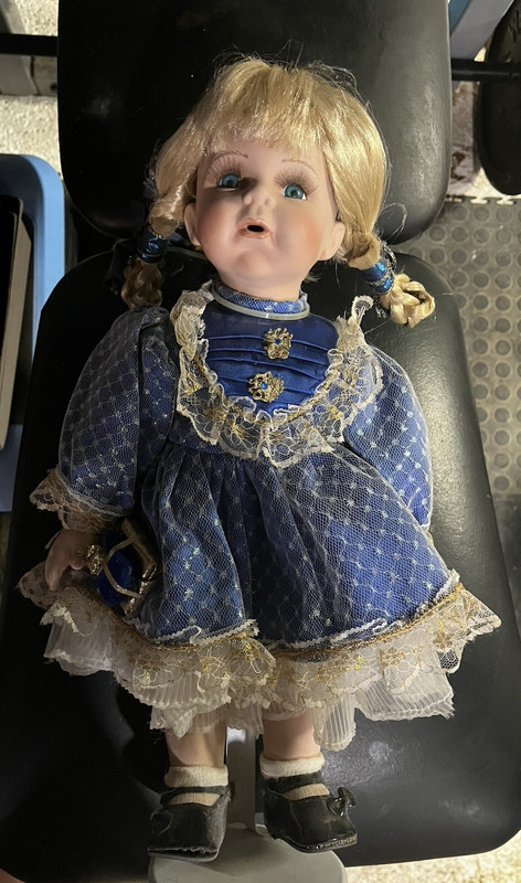 Porcelain Girl Doll Blonde Straight Hair Blue Eyes Blue Dress Light Complexion