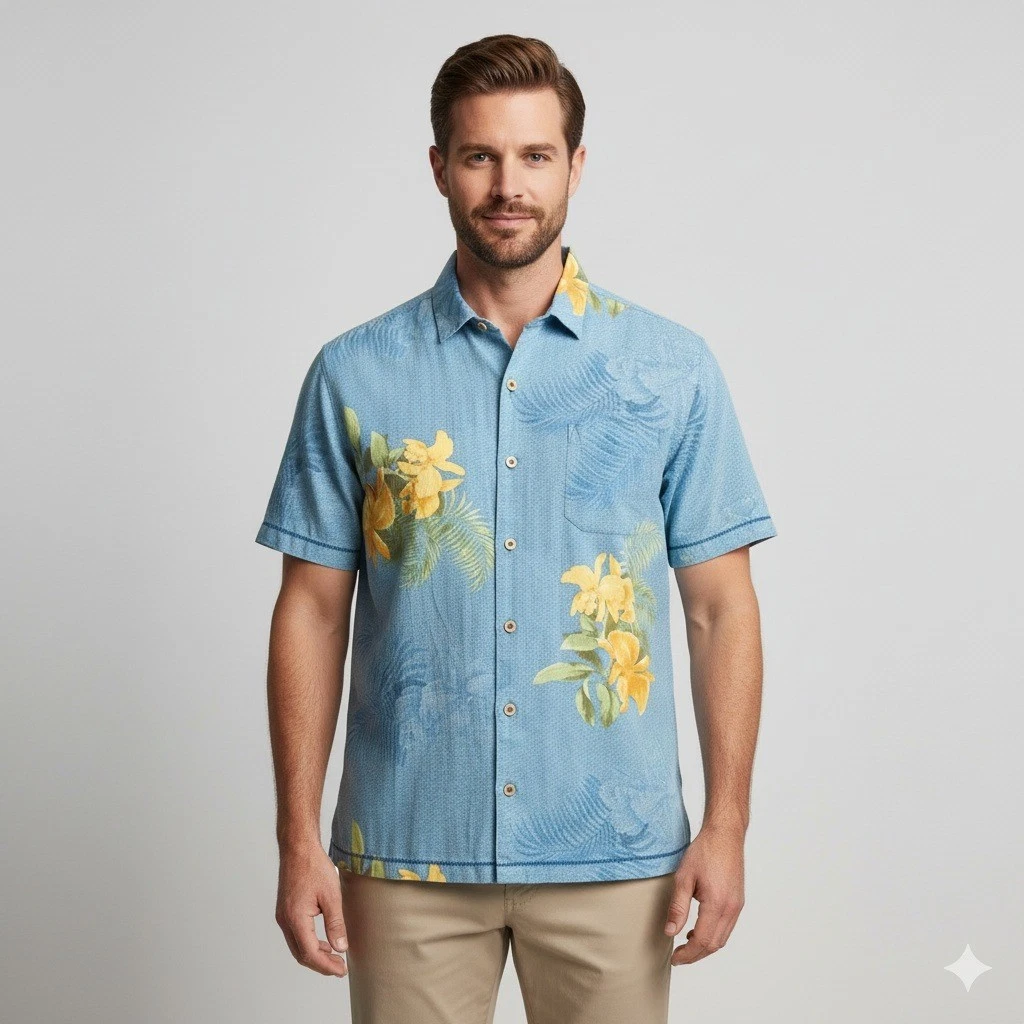 Tommy Bahama XL Mens Hawaiian Silk Shirt Blue Yellow Floral Button Front Camp