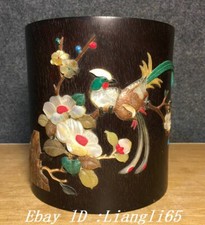 6.6" Alte rote Sandelholz Edelsteine Pflaume Blume Vogel Pinsel Stifthalter Vase