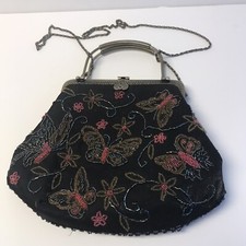 VTG Unbranded Black Embroidered Bead Butterflies Crossbody Bag W/metal Handles