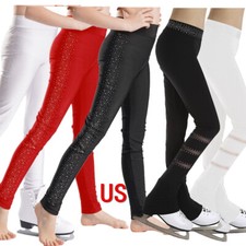 Girls Kids High Waist Sparkly Rhinestones Figure Skating Athletic Dance Pants