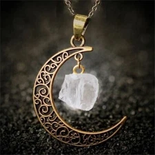 Cresent Moon Pendant 1.5" w/ Healing Stone Necklace Clear Quartz w/ Gold