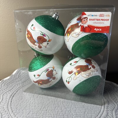 EOTS Pets Saint Bernard 4-Count Green & White Shatterproof Ornaments 4 