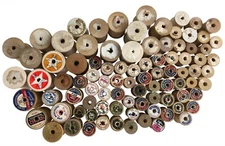 Lot of 90 Vintage Wooden Empty Thread Spools Some with Labels Smoke Free