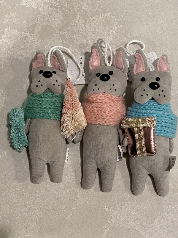 New 3 Target Christmas Ornaments French Bull Dogs Pink Blue Green Scarves Gifts