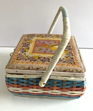 Vintage Small Sewing Basket With Retro Style Fabric Girl With Dog Image