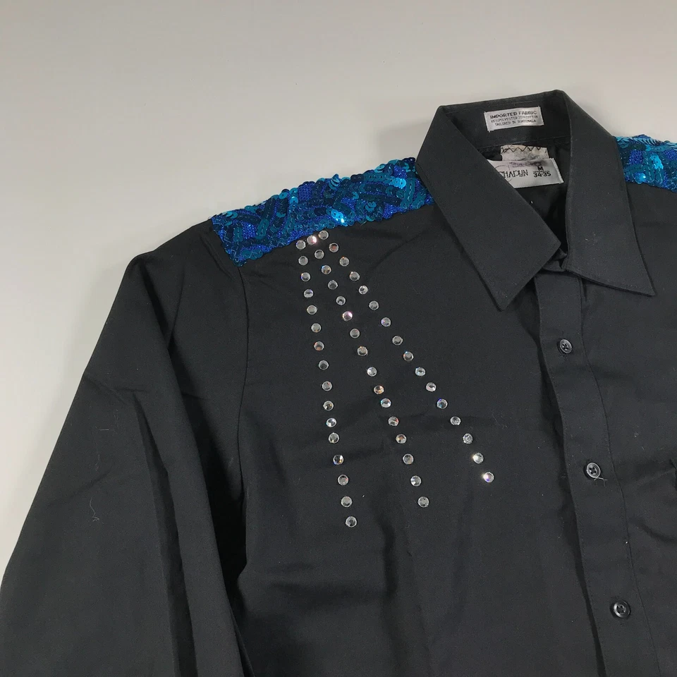 Western Button Down Shirt Mens Medium Black Blue Rockabilly Western Sequins - Image 2 of 4