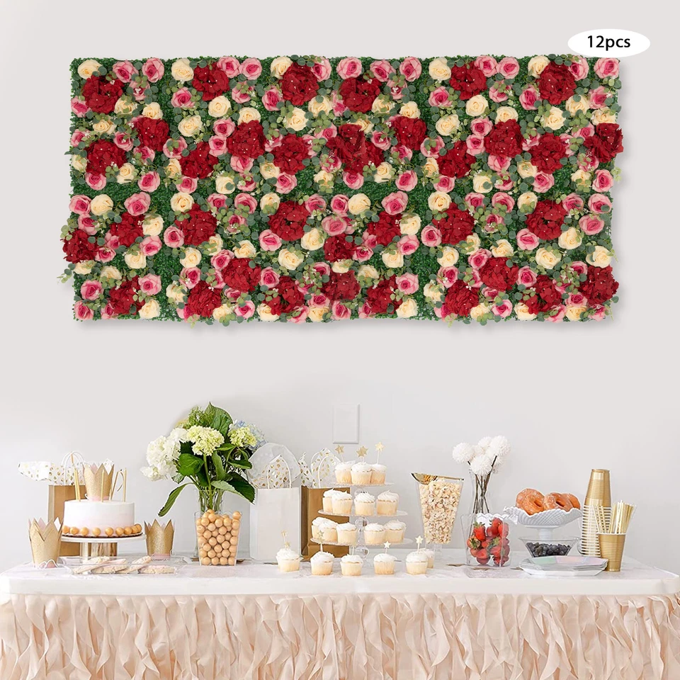 12Pcs Artificial Flower Wall Panel  Backdrop Wedding Rose Hydrangea Flower Decor - Image 4 of 4