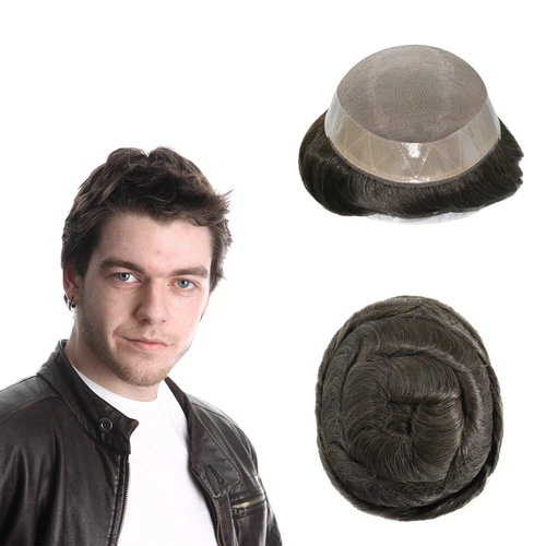 Mens Human Hair Replacement System Hairpiece Durable Mono Skin PU Toupees Brown