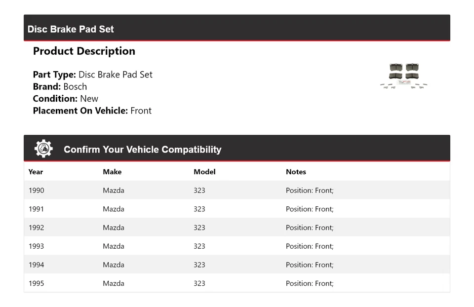Pastillas de freno semimetálicas con herrajes delanteras 1991 para Mazda 323 Bosch 1990-1995 Foto 2 de 4