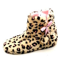 Girls Pull On Fleece Bootie Slippers Beige Animal Print Side Pom Poms Large 1-2