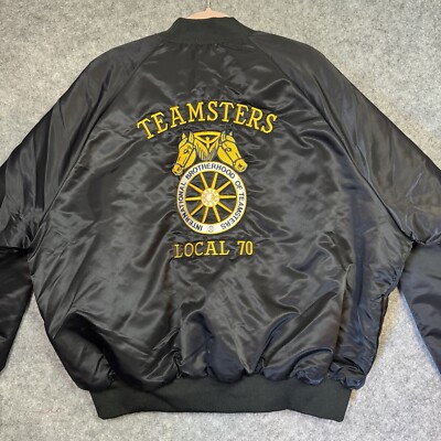 Teamsters Bomber Jacket Size X Black Yellow Satin Embroidered Local 70 USA Vtg 