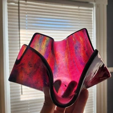 Signed PM Oct 2005 Art Glass Dichroic Cranberry Red Iridescent Handkerchief Vase