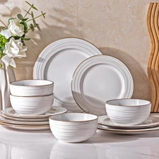 GBHOME Ceramic Dinnerware Sets,12 pcs Embossed Elegant Stoneware Plates and Bowl