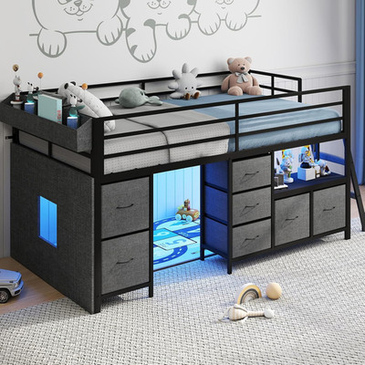 UINTAI Low Loft Bed with 7 Storage Drawers and Bookcase, Twin Low Loft Bed for K