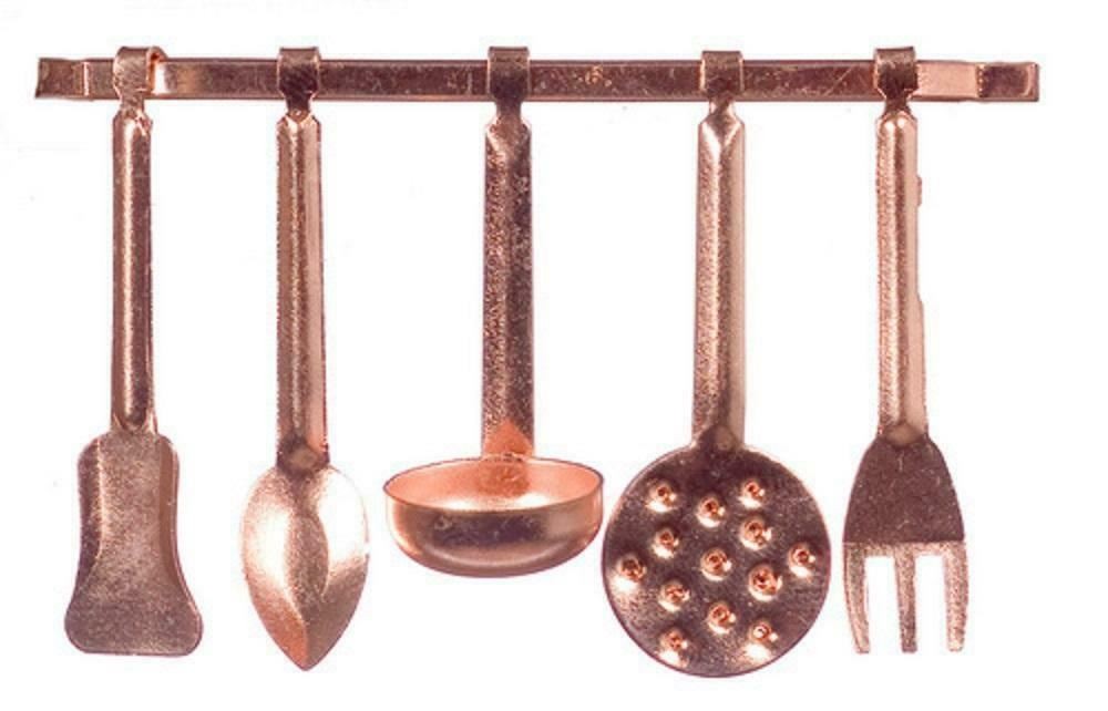Dolls House Copper Hanging Utensil Set & Rack Miniature 1:12 Kitchen Accessory