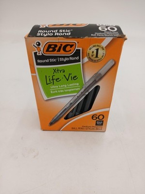 BIC Round Stic Xtra Life Ball Pens 60 Pack Black Medium Writing Office New