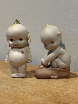 Rose O Neill 2 KEWPIE Figurines, Ornament w/ Heart & Boy in Shoe Bisque 3.5  EUC