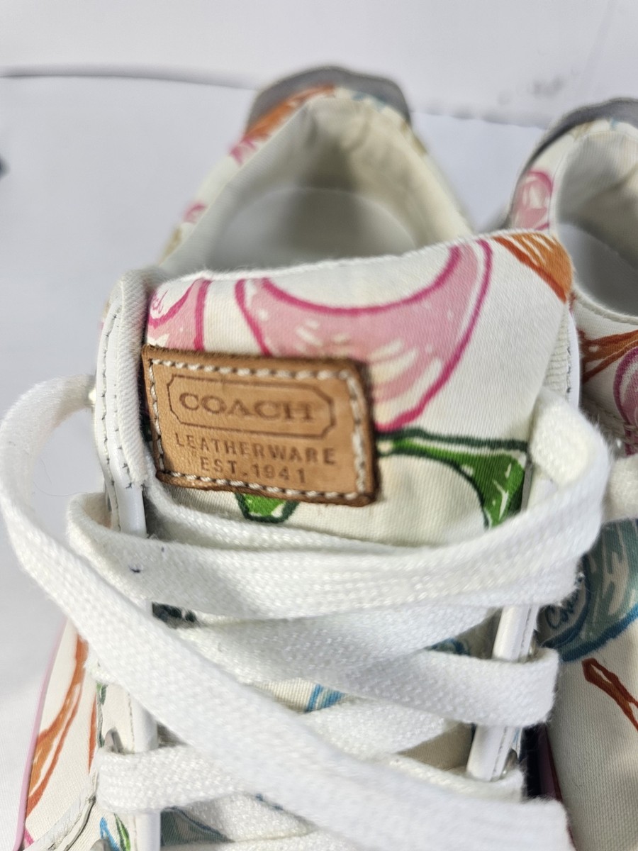 Coach Low Top Lace Up Sneakers White Multicolor Pink Floral Rubber Sole View 6