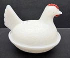 4” Indiana Hen on Nest White Opaque Milk Glass Covered Dish Vintage 30s Mint