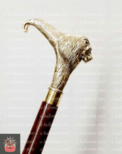 Vintage Lion Head Handle Walking Stick Carved Hand Design Wooden Brown Cane Gift