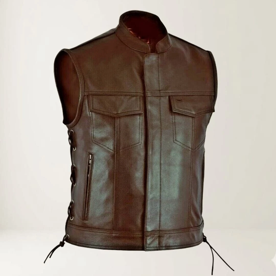 Men’s Premium Cowhide Leather Biker Vest – Vintage Brown Riding Waistcoat