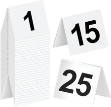 Table Numbers Tents 1-25 White, Durable Plastic, 3x3.5 in, Event Use
