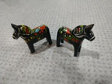 (2) Vintage Black Swedish Dala Horses 2" Carved Wooden Hand Painted Folk Art
