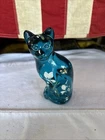 Vintage Fenton Teal Blue Cat with Floral Details Glass Figurine