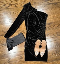 NWT MNG Mango Mini Dress Womens 8 Black  Velvet One Shoulder Festival Holiday