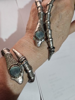 BARAKA Vintage Halskette Armband Schlangen Leder geflochten Silber Chalcedon