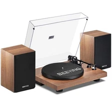 Record Player Vinyl Bluetooth Turntable with 36 Watt Stereo Bookshelf Brown