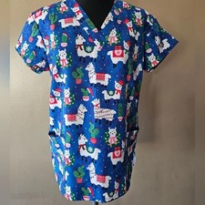 Cassandra O Holiday Llama Theme Short Slv VNeck Medical Scrubs Top Women's Small