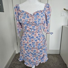 Beachclub Floral Ruched Dress Size S Pink Blue Spring Flowers Puff Sleeve