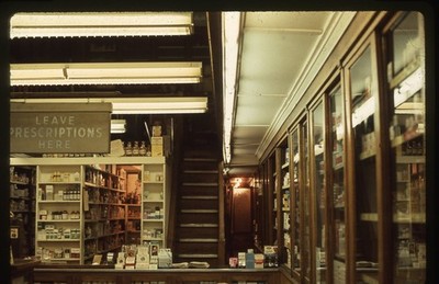 SL28 Slide 1970s Old Drugstore Pharmacy Interior Prescriptions 896a