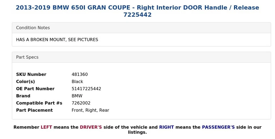 BMW 650I 2013-2019 Gran Coupé - Manija de puerta interior derecha / Lanzamiento 7225442 Foto 4 de 4