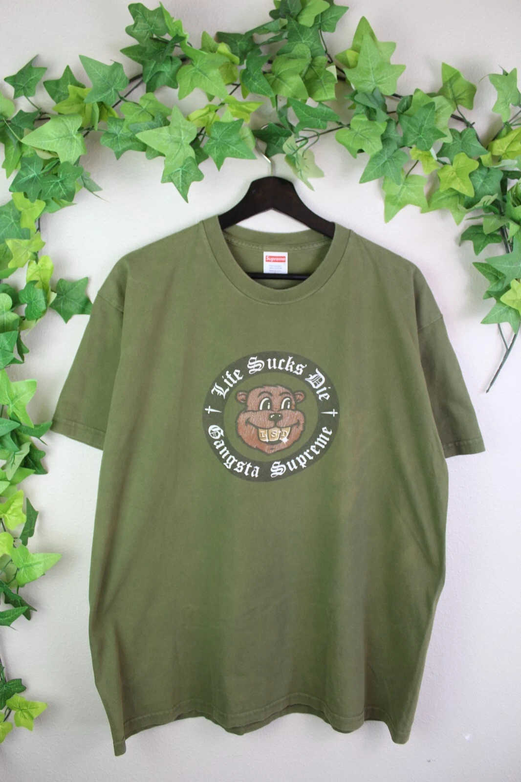 Supreme Life Sucks Die Shirt adulte grand vert Gangsta Supreme FW18 LSD RARE